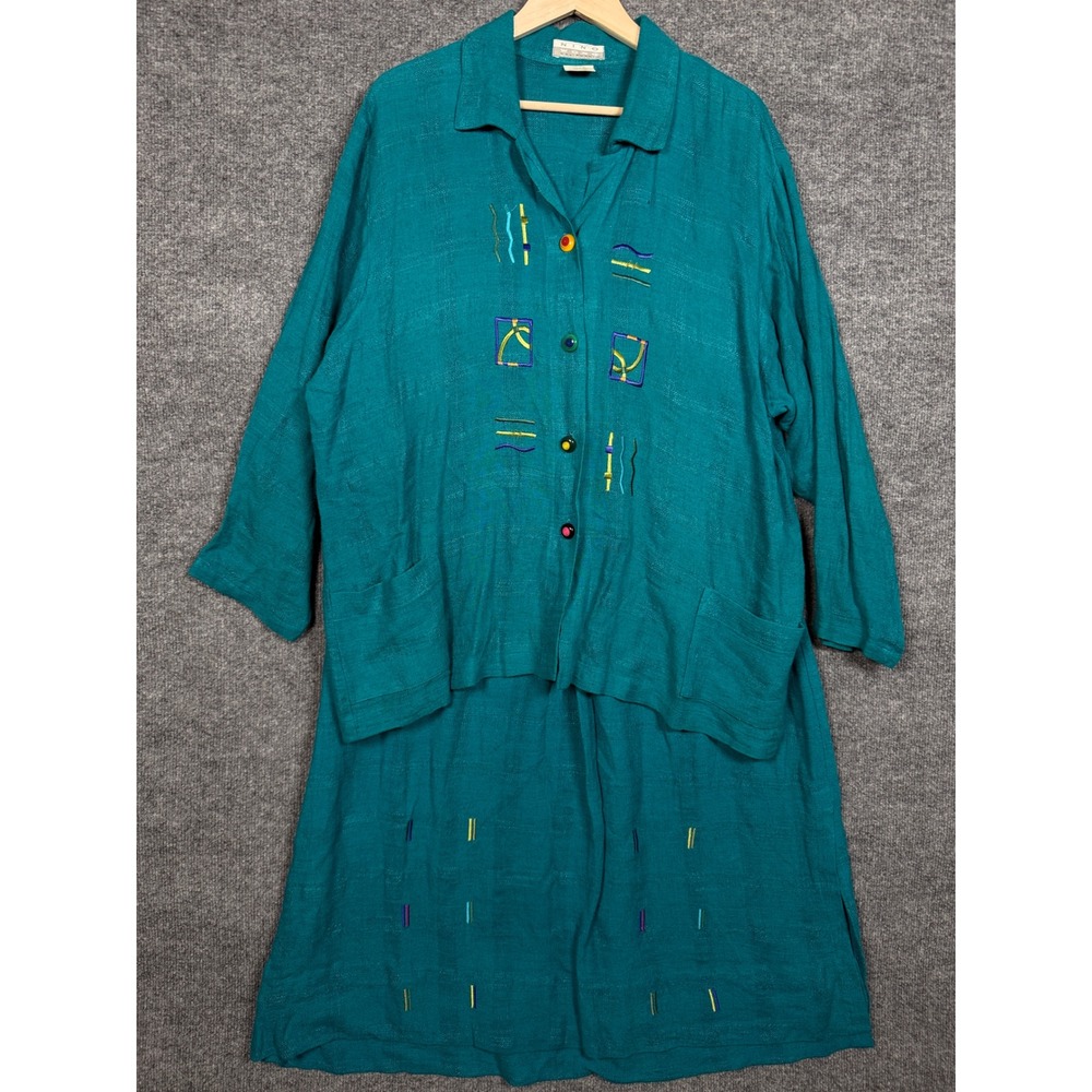 Vtg Nino Wong Large Shirt & Skirt Set Green Linen Rayon Blend Embroidered Artsy